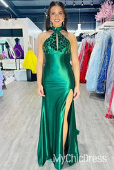 Vestido de fiesta de corte de espejo con cuello alto y lentejuelas de color verde sirena, económico